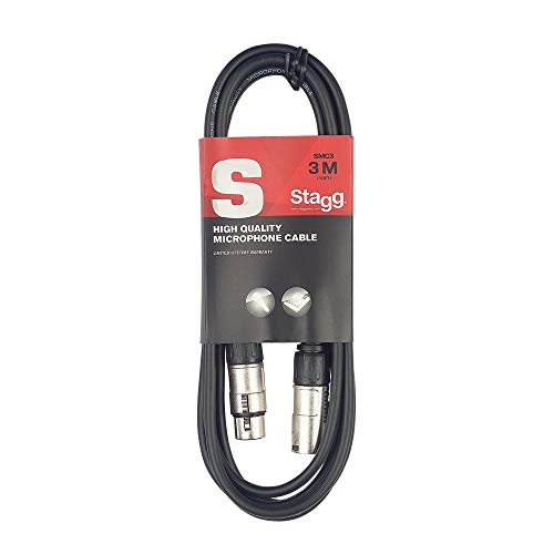 Stagg 3M / 10ft XLR to XLR Cable, 3-Pin Male to Female, Suitable for Microphone, PA System, Audio Mixer, Studio Monitors, Audio Recording - Black - 3m - XLRf to XLRm