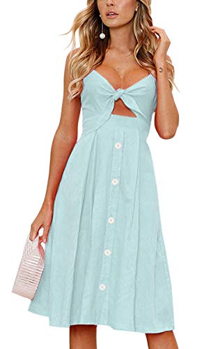 ECOWISH Women Dresses Summer Tie Front V-Neck Spaghetti Strap Button Down A-Line Backless Swing Midi Dress - Medium - 1603 Light Green(a Separate Tie)