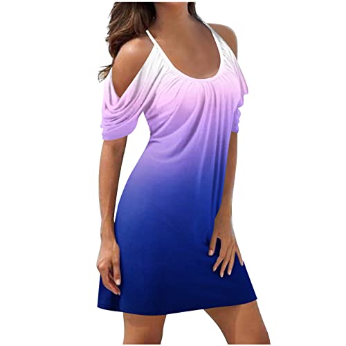 Borniu Women's Summer Spaghetti Strap Dress Casual Loose Sundress Cold Shoulder Short Sleeve Beach Mini Dresses - Dark Blue - Medium