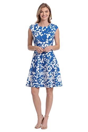 London Times Women's Floral Print Fit and Flare with Contrast Border at Hem - 8 - Blue Jewel/Ivory