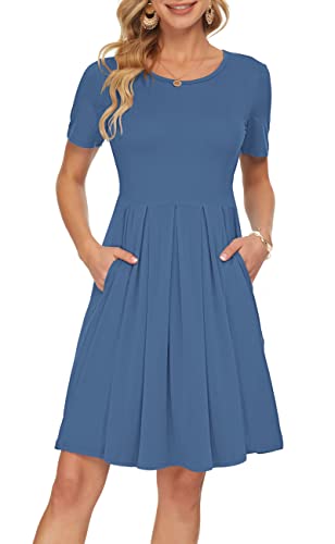 AUSELILY Women's Short Sleeve Pleated Loose Swing Casual Dress with Pockets Knee Length - Large - 01-beja Blue