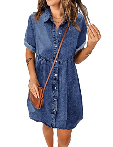 luvamia Women's Casual Short Sleeve Button Down Tiered Denim Babydoll Jean Dress - Medium - A5 Wishful Blue