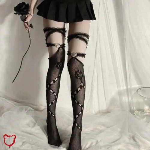 'Black Fishnet Heart Stockings - One Size
