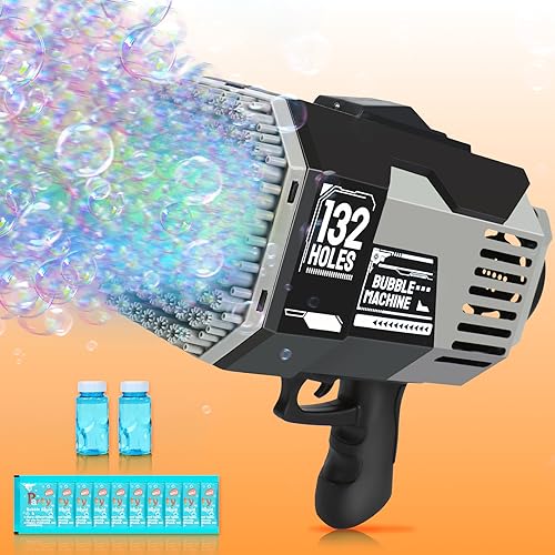 Metini Bazooka Bubble Gun, 132 Holes Bubble Machine with Extra 10 Concentrated Bubbles Solution, Bubble Kids Toy for Boys Girls, Bubble Blaster for Birthday, Wedding, Outdoor Fun (Grey) - Grey-132 Holes