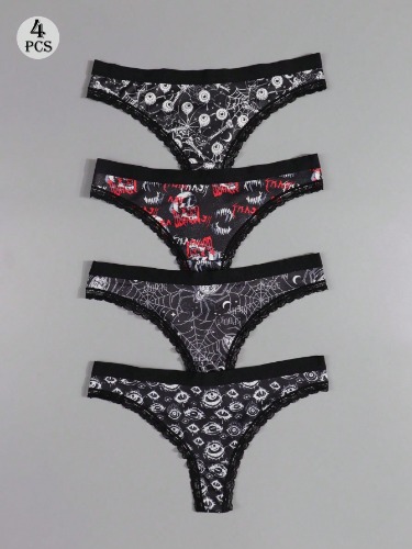Dircho 4 stuks Sexy schattige gotische vrouwen contrasterende kanten strings, Halloween zonnen & manen & sterren & Galaxy allover print comfortabele zijdezachte intimi slipjes, damesondergoed & lingerie