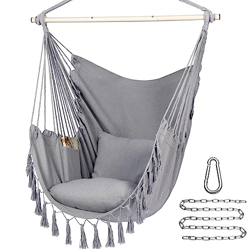 Y- STOP Hammock Chair Hanging Rope Swing, Max 500 Lbs, 2 Cushions Included, Large Macrame Hanging Chair with Pocket for Superior Comfort, with Hardware Kit (Light Grey) - Light Grey