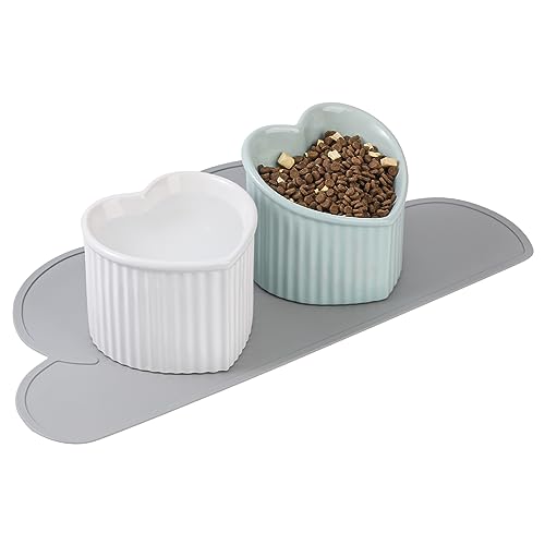 Cat Food Water Bowl Set - Raised Ceramic Cat Feeding Bowls with Anti Slip Mat - Elevated Cat Dish Anti Vomiting - Whisker Friendly Wide Cat Bowl - Microwave and Dishwasher Safe - White & Green (2pcs) - White & Green