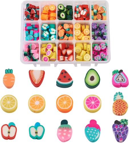 Pandahall 225Pcs Fruit Handmade Polymer Clay Beads Accessories Strawberry Lemon Watermelon Loose Beads Spacers for DIY Jewelry Making - Mixed Color-16 style fruit