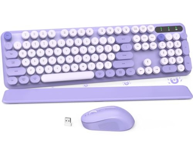 Wireless Keyboard and Mouse Combo, Retro Typewriter Keyboard, Detachable Hard Wrist Rest, Tilt Legs, Floating Round Keycaps, Auto Sleep Mode, Cute 2.4GHz Cordless Set for Mac/Windows/PC/Laptop-Purple - Purple-Colorful