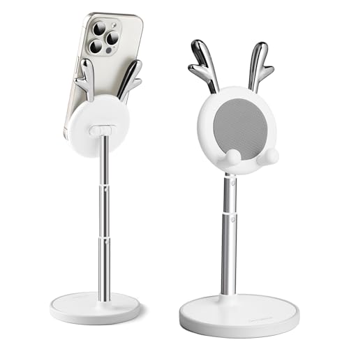 OATSBASF Cute Cell Phone Stand, Adjustable Deer Ears Phone Stand for Desk, Thick Case Friendly Holder Compatible with iPhone, Kindle, iPad, Switch, All Phones (Deer Ears White) - Deer Ears White