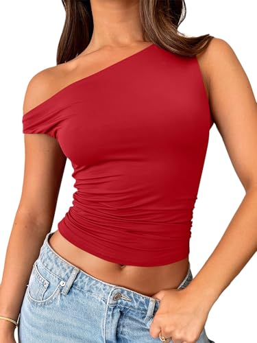 Trendy Queen Womens Off The Shoulder Tops Sleeveless Shirts Going Out Crop Tank Tops Slim Fitted Y2K Summer Outfits 2024 - X-Small - Red