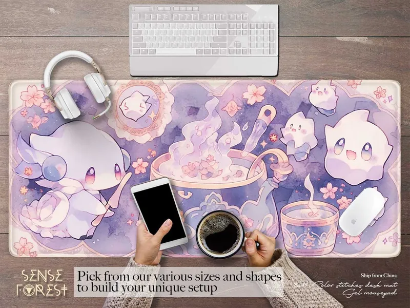 Kawaii Goth Pastel Purple Cute ghost desk mat cute, Witch Brew Cauldron XXL gaming mouse pad, Mystical Ergonomic mousepad wrist rest