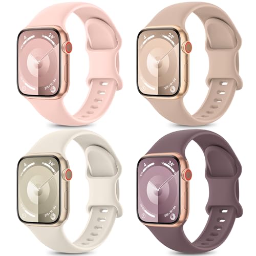 4 Pack Sport Bands Compatible with Apple Watch Band 38mm 40mm 41mm 42mm 44mm 45mm 49mm,Soft Silicone Waterproof Strap for iWatch Series Ultra 8 7 6 5 4 3 2 1 SE Women Men - Pink Sand/Milk Tea/Starlight/Smoke Purple - 42mm/44mm/45mm/49mm