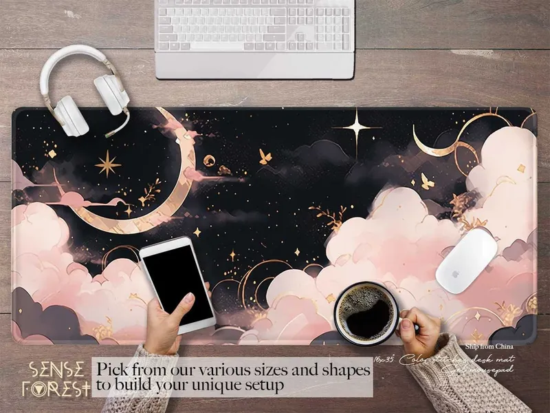 Pink cloud Big moon starry night PU desk mat, Whimsical Witchy tarot alter XXL mouse pad, Silicone Ergonomic mousepad wrist rest desk setup