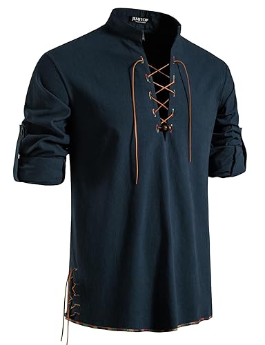 JEMITOP Men's Pure Cotton Retro Lace Up Shirts for Renaissance Pirate Viking Medieval - Navy Blue-d - X-Large