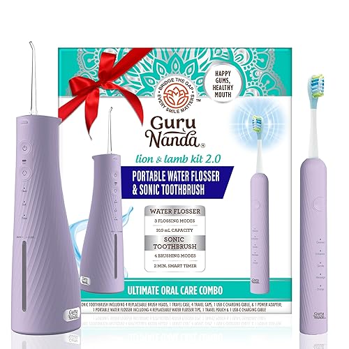 GuruNanda Lion & Lamb Kit 2.0, Electric Toothbrush with Water Flosser Combo, 4 Jet Tips, 4 Brush Heads, & IPX7 Waterproof Design for Complete Oral Care, Lavender - 310 ml - Lavender