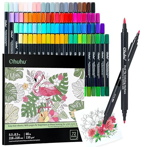 Ohuhu Markers Brush Tip 80-Colors with 72-Sheet Coloring Book - Double Tipped Markers for Adults Coloring Books - Art Marker Set Bundles with 100% Bleed-Proof Coloring Pages - Fine & Brush Dual Tips - 80 Colors & 72 Pages Diverse Coloring Book