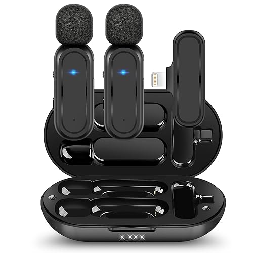 ECOMXIA Wireless Lavalier Microphone with Charging Case for iPhone iPad with Charging Case 7H Clip on Lapel Microphone Wireless for Video Recording Vlogging, YouTube, Interview - Black-Lightning