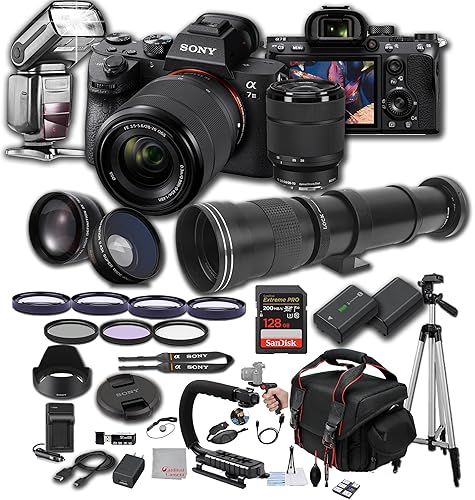 Sony a7 III w/ 28-70mm Lens, 128GB Extreme Memory, 420-800mm Super Telephoto Lens, TTL Pro Flash, Filters, Lenses, Case Tripod, and More – Extreme Photo Bundle (42pc Bundle)