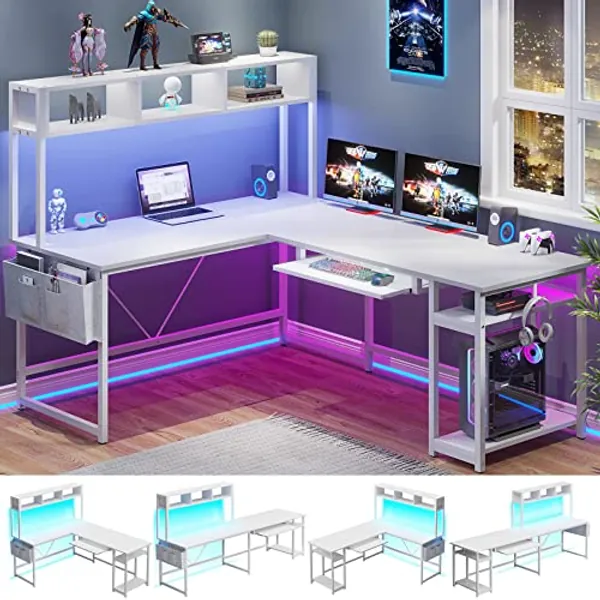 SEDETA L Shaped Gaming Desk, Reversible 94.5” Office Desk, L Shaped Desk with Led Lights, Keyboard Tray and Storage Bag for Home Office, White