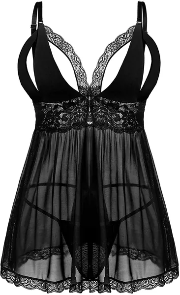 Women's Plus Size Lingerie Red Babydoll Lace Split Cup Sleepwear Chemise Set - Black2 3X-Large