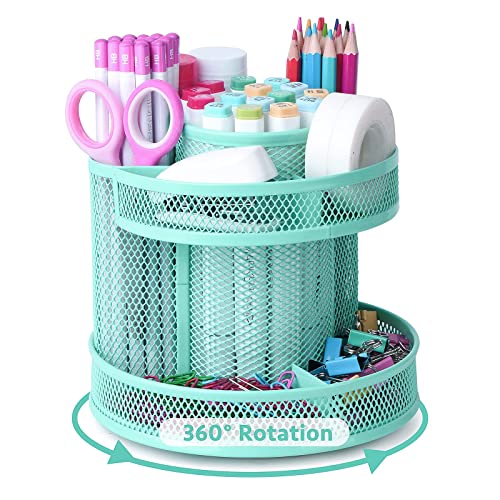 POPRUN Teal Kawaii Desk Supplies and Accessories,Cute Spinning Pen/Pencil Organizer for Desk,Pencil Holder,Rotating Desk Organizer Caddy for Office,School Classroom and Art Supply-Green - Green