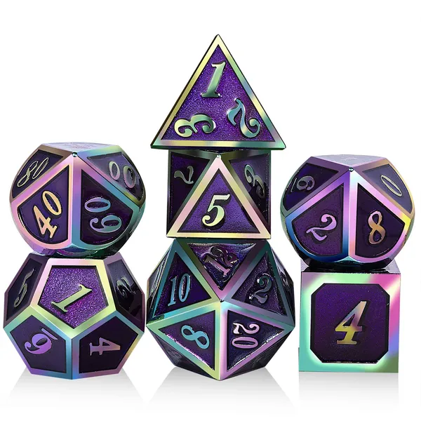 Purple Metal Dice Set D&D, DNDND 7 Die Enamel Polyhedral DND Dice Set with Metal Tin for Dungeons and Dragons and Role Playing Game