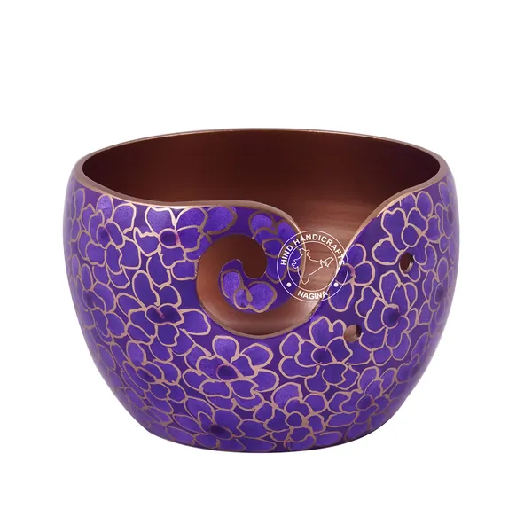 Premium Solid Crafted Floral Metallic Finish Aluminium Portable Yarn Bowl Holder for Knitting Crochet Christmas Gift Set | Hind Handicrafts (6" x 6" x 4", Purple) - 6" x 6" x 4" Purple
