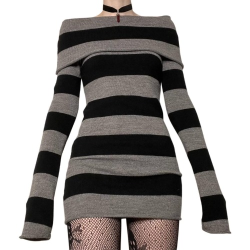 Women Off Shoulder Striped Knit Dress Y2k Punk Gothic Long Sleeve Pullover Sweater Dress Bodycon Mini Dress - Medium