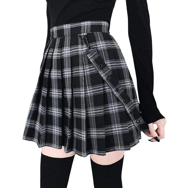 Women's High Waist Skirt Cool Sweet A-Line Decorative Strap Plaid Pleated Mini Skirt for Girls