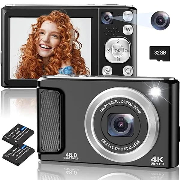 4K Digital Camera, 48MP Autofocus Cameras for Photography,Vlogging Compact Camera with Front and Rear Camera, 16X Zoom Protable Point and Shoot Cameras with 32GB SD Card,Anti-Shake,2 Batteries