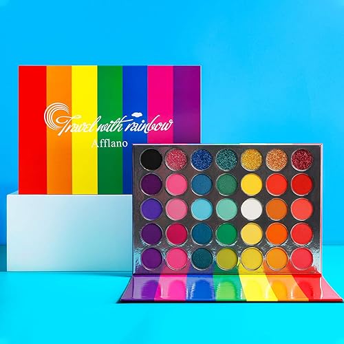Afflano Rainbow Eyeshadow Palette Matte Shimmer Pressed Glitter, Pigmented Colorful Eye Shadow Pallets, Pink Red Orange Yellow Green Blue Purple 35 Color, Bright Prime Makeup Palette - colorful rainbow 35 colors