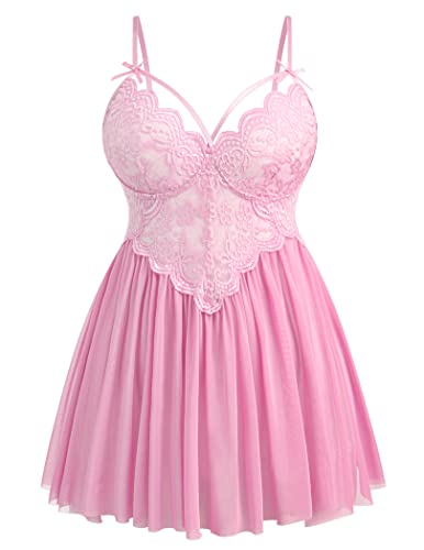 Avidlove Plus Size Lingerie Lace Babydoll Womens Strap Chemise Nightgown V Neck Nighty Mesh Sleepwear Side Slit Nightdress - Plus Size - 3X-Large - 1-pink
