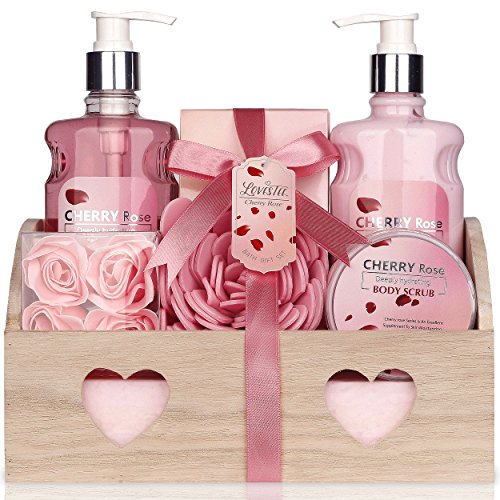 Valentine's Day Spa Gift Basket - Bath and Body Cherry Rose Scent For Women - Spa Bath Kit & Bath Gift Basket Birthday Gift includes Shower Gel, Body Lotion, Bath Salt, Body Scrub, Puff
