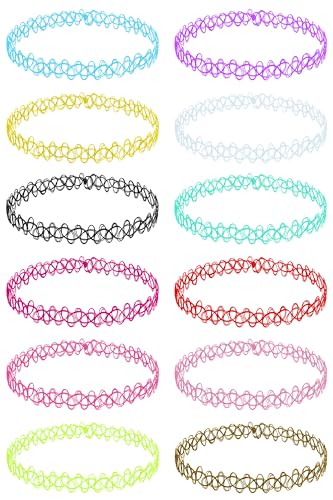 BodyJ4You 12PC Tattoo Choker Necklace Set - 90s Accessories Old School 2000s Jewelry - Pink Blue Green Colorful Rainbow Gothick Black - One Size Women Teen Girl - Stretchy Multicolor Collar - Multicolor