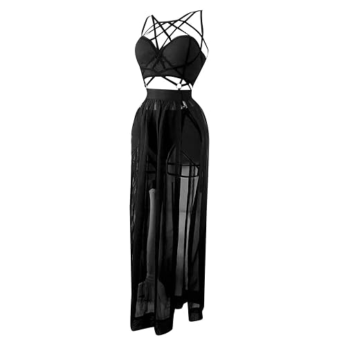 Ladies Three Piece Dress with Straps and Bosom Cushion Skirt Lingerie Sexy Petite Lingerie with Stockings - 5XL - Black