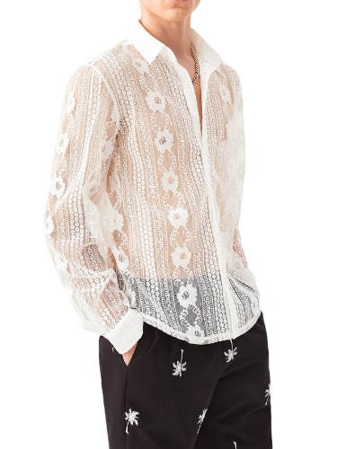 WDIRARA Men's See Through Button Down Collar Shirt Sexy Night Club Party Long Sleeve Glitter Sheer Mesh Casual Top