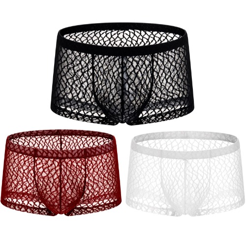 Casey Kevin Men's Underwear Sexy See Through Lace Boxer Briefs Mesh Trunks