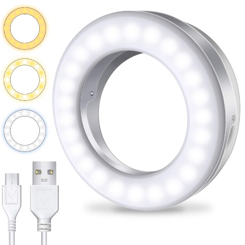Meifigno Selfie Ring Light [3 Light Modes] [Rechargeable], Clip on Phone Camera LED Light, Adjustable Brightness Selfie Circle Light Designed for iPhone X Xr Xs 11 12 Pro Max Android iPad Laptop