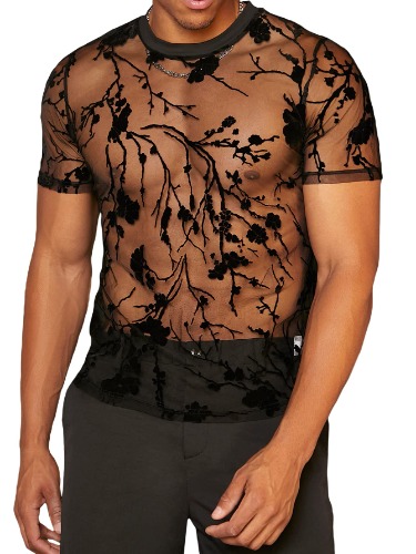 WDIRARA Men's Floral Print See Through Round Neck Short Sleeve Mesh Tshirt Party Top