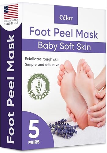 Foot Peel Mask (5 Pairs) - Foot Mask for Baby Soft Skin - Remove Dead Skin, Dry, Cracked Feet & Callus, Foot Spa, Made with Aloe Vera Extract for Women and Men Feet Peeling Mask Exfoliating, Lavender - Lavender - 5 Pair (Pack of 1)
