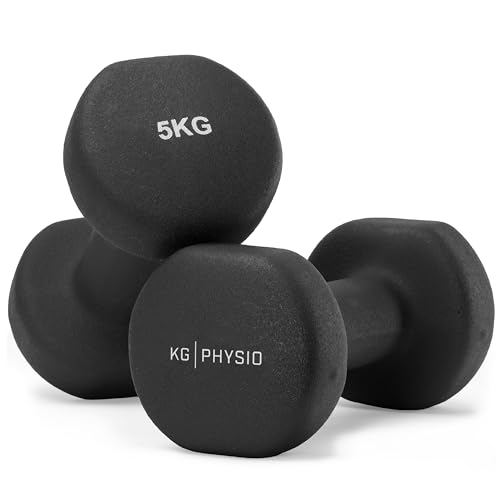 Dumbbells Set Weights by KG Physio - Neoprene-Coated Dumbbells, Sweat-Resistant Dumbellsweights Set with Anti-Roll Technology, Dumbbell Set with Exercise Poster, 1-10kg Dumbbells Pair - 2 x 5KG Black