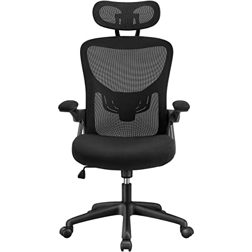 Yaheetech Office Chair Desk Chair High Back Mesh Computer Chair with with Flip-up Armrests and Adjustable Lumbar Support for Home Office Study, Black - Black