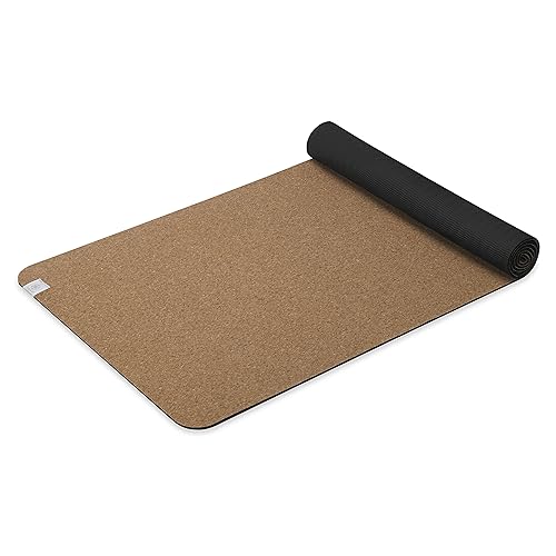 Gaiam Cork Yoga Exercise Mat | Natural Sustainable Cork Resists Sweat and Odors | Non-Slip TPE Backing Prevents Slipping| Great for Hot Yoga, Pilates, Fitness Working Out (68" x 24"x 5mm Thick) - Black/Brown