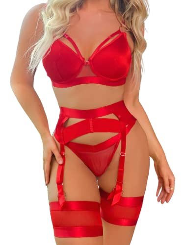 Kaei&Shi Garter Lingerie For Women,Sexy Lace Lingerie,Sheer Matching 4 Piece Lingerie Set - 12 - Red
