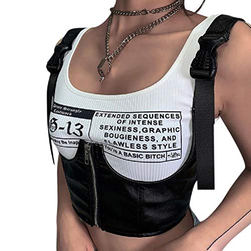 Women's PU Leather Bustier Crop Top Gothic Punk Buckle Tank Tops Camisole Corset for Club Party Festival Rave Outfit - Large - Black