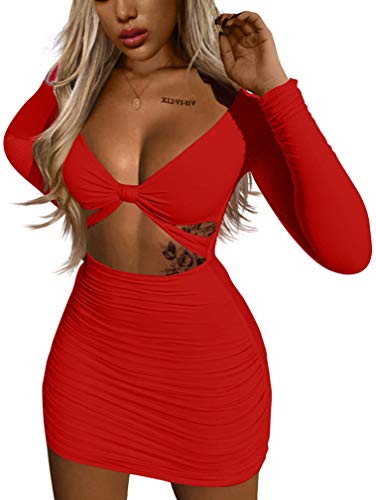 XXTAXN Women's Sexy Bodycon Deep V Neck Long Sleeve Cut Out Club Mini Dress - Medium - Red