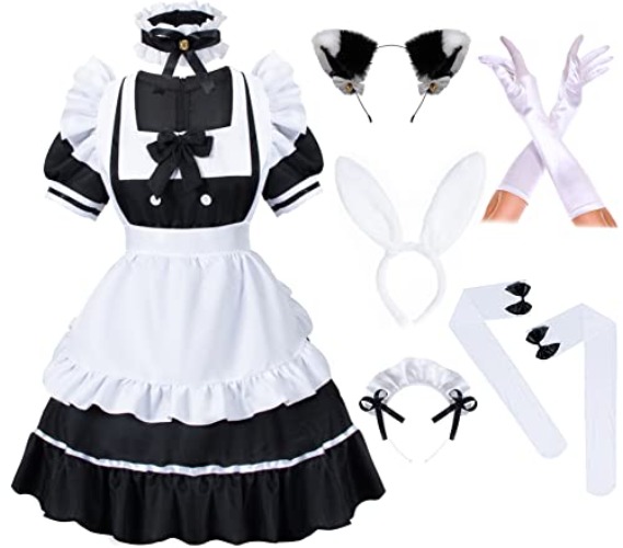 Irtysh Anime French Girls Bunny Maid Sweet Kawaii Costume Cosplay Dress Furry Cat Ear Gloves Socks set - Large - Black