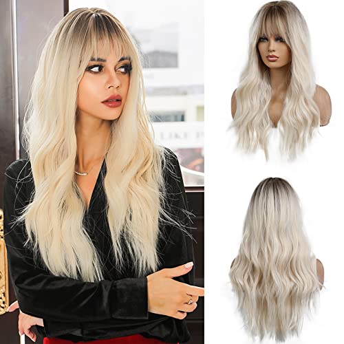 Esmee 26 Inches Long Blonde Wig with Bangs Natural Synthetic Hair Ombre Blonde Wavy Wig with Dark Roots for Women Daily Party Cosplay Wear - Blonde - 26 Inch