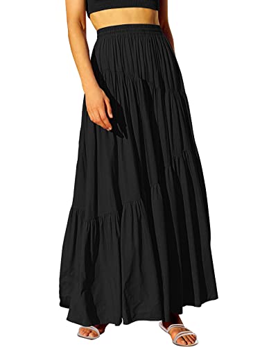 ANRABESS Women’s Boho Elastic High Waist Pleated A-Line Flowy Swing Asymmetric Tiered Maxi Long Skirt Dress with Pockets - Small - Black